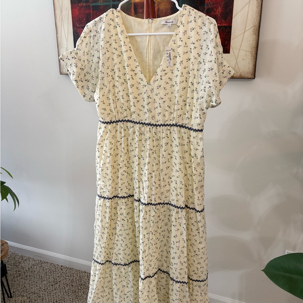 Madewell Cream Floral Midi Dress with Navy Trim - Picture 3 of 7